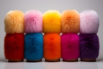 Colorful furry slippers in a row