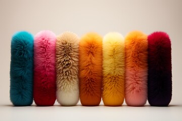 Colorful furry boots in a row