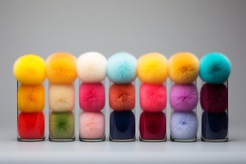 Colorful pom poms in glass jars