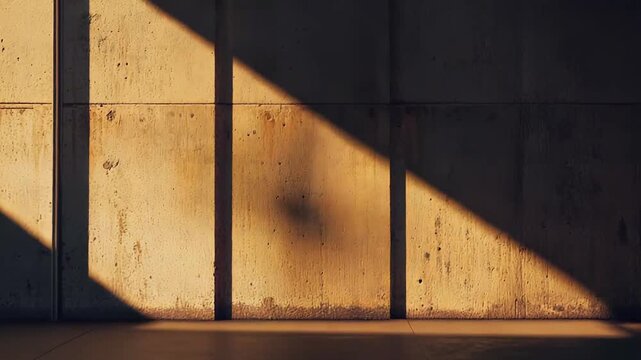 Warm sunlight illuminating a textured concrete wall and floor, casting strong linear shadows across the surface, creating an abstract and architectural background