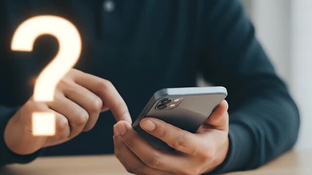 Person using smartphone interacting with glowing Q&A and question mark digital interface concept