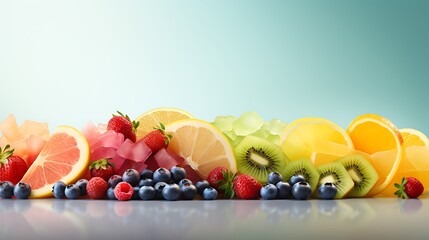 Vibrant assorted fruits on a reflective surface