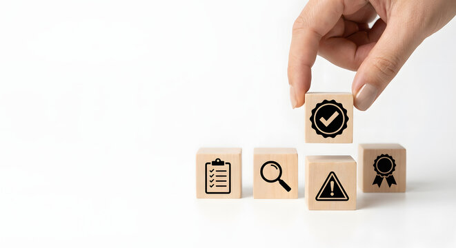 Person hand arranging wooden blocks with quality assurance icons for standard certification compliance evaluation and guarantee of service excellence on white background