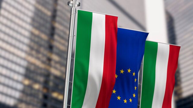 Vertical flags of Italy and the UE waving in the wind