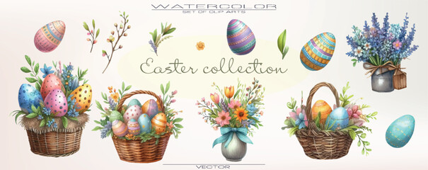 Soft and delicate Easter vector collection with hand-drawn watercolor bunnies, wildflowers, and decorated eggs for your seasonal designs © Анастасия Астанина