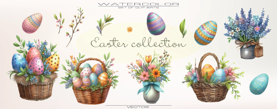 Soft and delicate Easter vector collection with hand-drawn watercolor bunnies, wildflowers, and decorated eggs for your seasonal designs