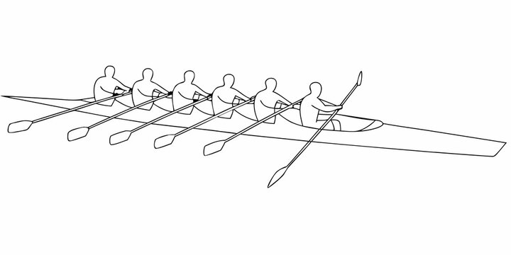 Line drawing of an eight person rowing team in a racing shell