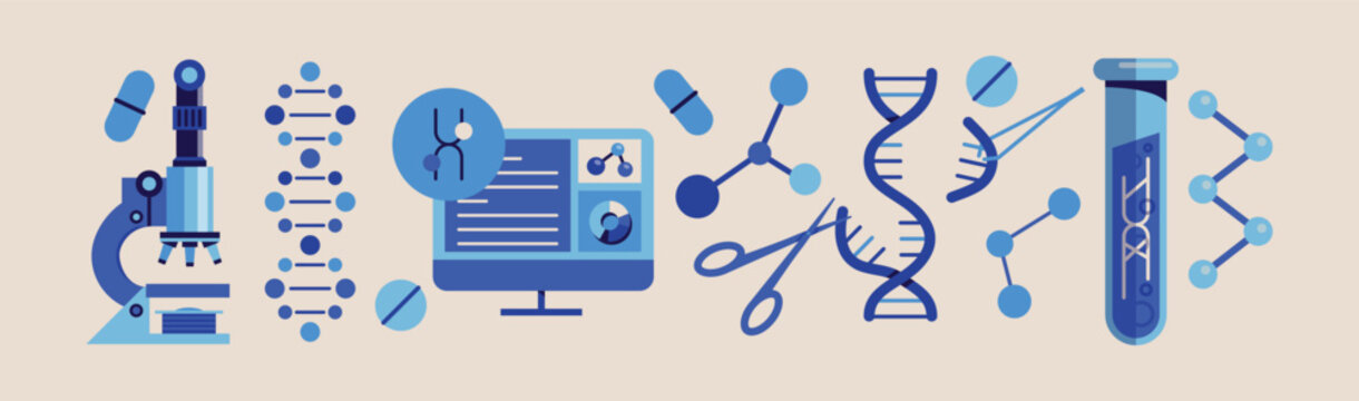 Genetic Engineering and Biotechnology Vector Icon Set: DNA Gene Editing, CRISPR Scissors, Microscope, Digital Lab Data on Monitor, Molecule Structure, and Test Tube for Science Research Concepts