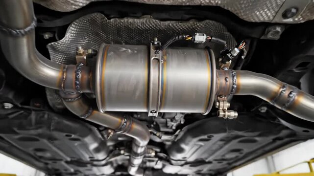 Close up view on car exhaust pipes and catalytic converters. Automobile underside with advanced exhaust system component.