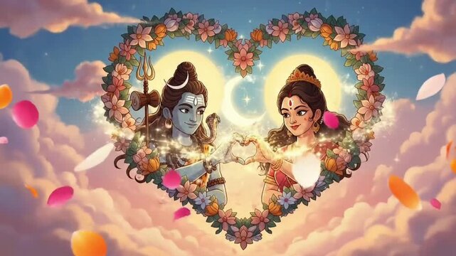 Animated Shiva and Parvati expressing eternal love through graceful hand motion inside glowing floral heart creating spiritual romance for Maha Shivratri
