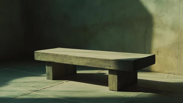 Concrete block bench in an empty textured room, sunlight casting strong shadows and reflections on rough walls and floor, minimalist brutalist space for quiet contemplation