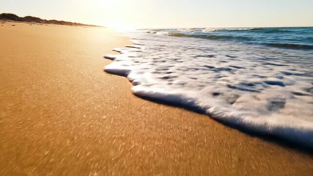 Sweeping drone aerial shot revealing a perfect white scallop shell nestled on the vast, golden, isolated coastline where gentle waves crash against the shore surface, discovery, marine