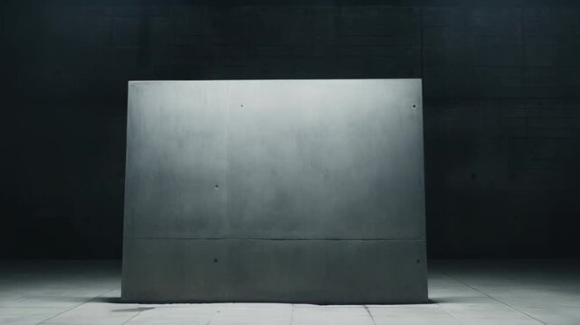 Concrete block centrally holding a presentation space, illuminated by bright spotlights within a dark, industrial room with textured walls and tiled floor, highlighting a display