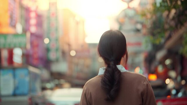 Back view of a young Asian woman with a ponytail looking and walking at the vibrant street of Bangkok Chinatown Yaowarat