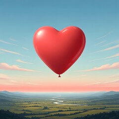 Fototapeta premium A surreal illustration of a heart-shaped balloon gently floating above a quiet landscape, soft pastel sky, minimalist composition, symbolic love and freedom, no people, no text, and commercial style.