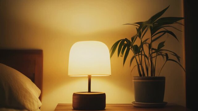 Modern table lamp providing warm, soft light on a bedside table, creating a peaceful and relaxing ambiance in a comfortable nighttime bedroom setting with a lush green plant