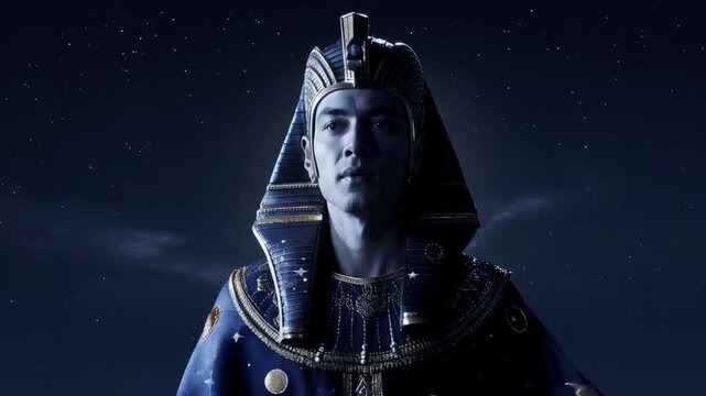 Ancient Egyptian pharaoh wearing starry robe and headdress standing in front of nighttime moonlit sky