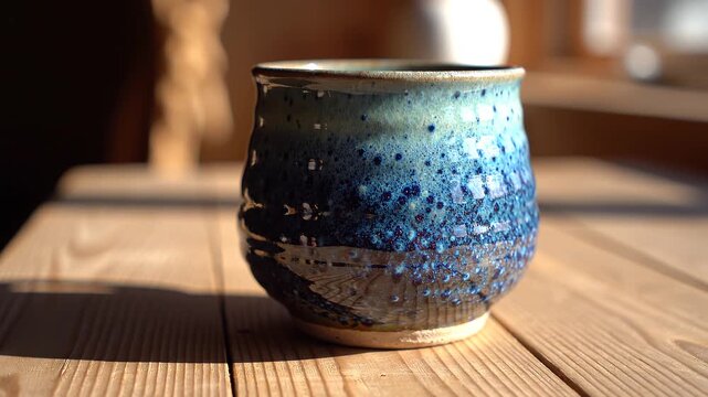 Ceramic blue cup on wooden table with sunlight and shadows