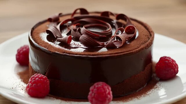 Chocolate cake with raspberries on white plate, wooden table background, dessert decoration