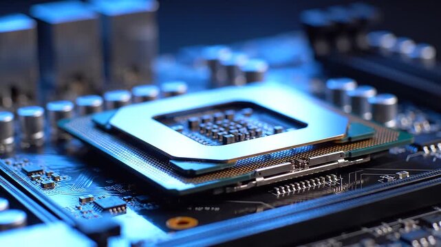 Close-up of a computer processor on a motherboard with blue lighting, showcasing internal technology and circuitry