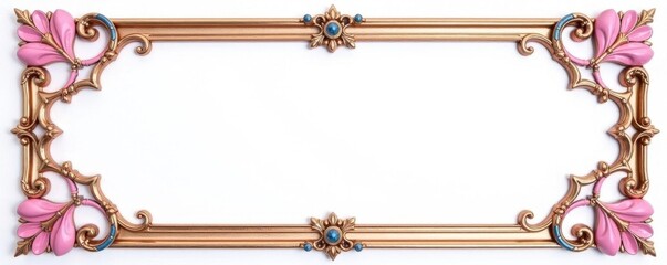 Elegant pink, blue & gold frame; isolated white backdrop , design, mockup