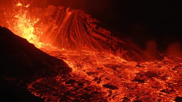 Molten lava flows down a volcanic slope. Intense heat and glowing magma create a dramatic natural spectacle.