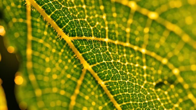 Close-up of a vibrant green leaf's intricate veins illuminated by sunlight, showcasing nature's details, possibly used for design or educational purposes