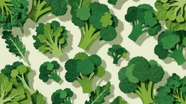 Stylized abstract pattern of green leafy vegetables and broccoli florets animated in a repeating, high-contrast, paper-cutout texture loop artistic, colorful, nutrition