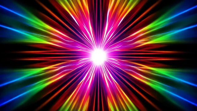 Colorful light explosion with vibrant rays on black background, creating energetic effect for design use