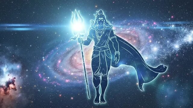 Animated cosmic Shiva emerging through glowing galaxy motion with flowing energy light and spiritual aura symbolizing divine meditation for Maha Shivratri