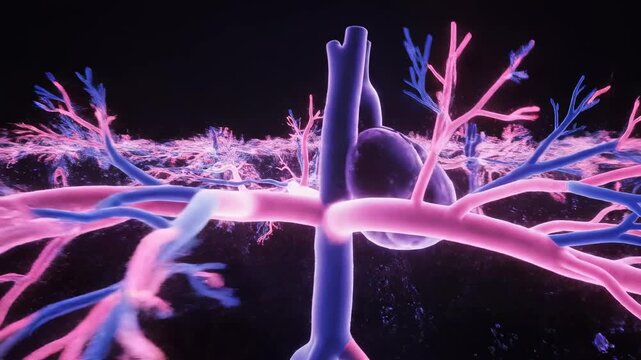 Sweeping aerial drone perspective following the luminous arteries and veins branching out from a centralized purple glowing X-ray heart structure medical background, metaphor, network