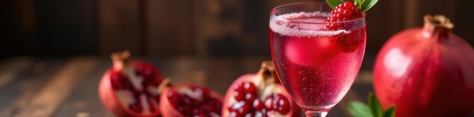 Elegant pomegranate champagne cocktail, garnished with fresh fruit , liquor, alcohol