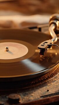 Close-up of a vintage vinyl record spinning on a turntable with a needle in the groove