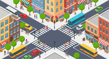 Isometric city crossroad with urban traffic and pedestrians
