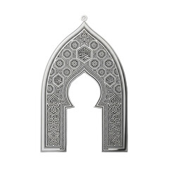 Obraz premium Luxury Silver Islamic Arch Ornament with Arabic Calligraphy and Detailed Geometric Patterns isolated on transparent background