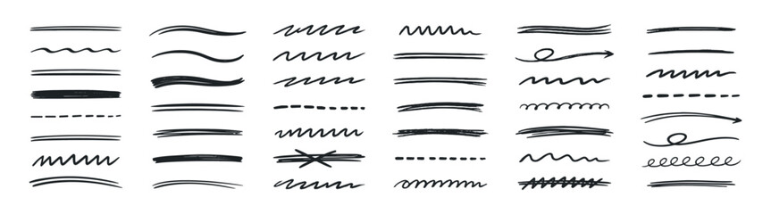 Hand drawn underline strokes and wavy highlight lines, chalk and brush doodle vector elements collection 
