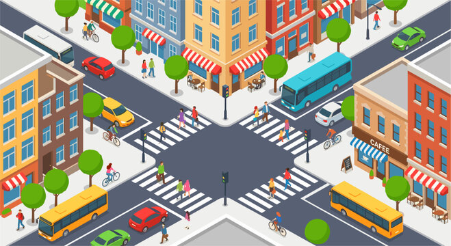Isometric city crossroad with urban traffic and pedestrians