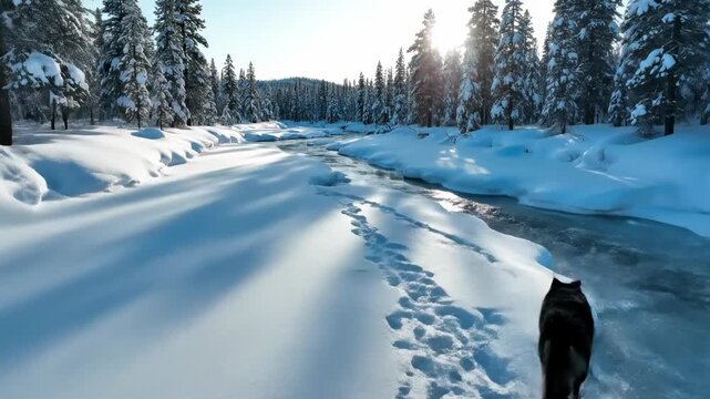 Sweeping aerial drone shot gliding over a vast pine forest revealing a lone black wolf crossing a frozen riverbed blanketed in fresh snow environment, lone black wolf, natural habitat