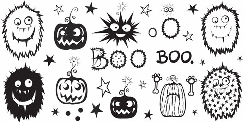 Whimsical halloween monsters and pumpkins in a black and white illustration © AnupKumar