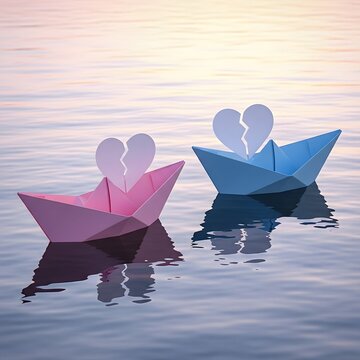 Two paper boats carrying half-hearts floating toward each other on calm water, surreal long-distance Valentine concept, soft colors