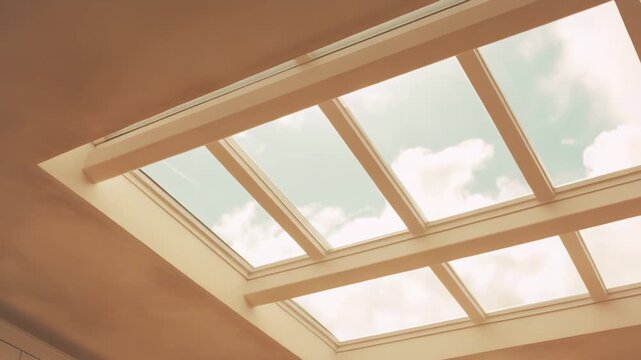 Modern skylight allowing abundant natural light to stream into a home interior, creating a bright and airy atmosphere with a glimpse of the sky and clouds through the roof window