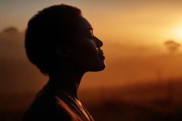 A silhouette of a woman standing at sunrise.