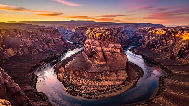 Aerial view of a horseshoe-shaped meander in a river surrounded by canyon landscape at sunset