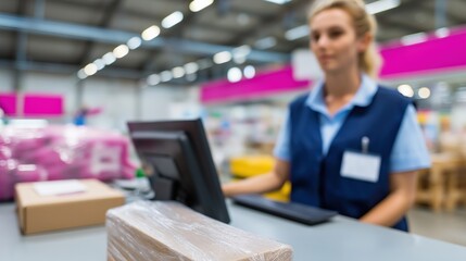 Fototapeta premium Warehouse worker scanning packages with barcode scanner in distribution center