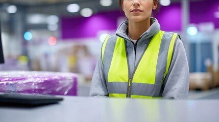 Naklejka premium Young female warehouse worker wearing safety vest in industrial setting