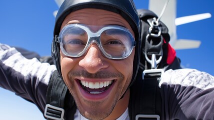 Excited young caucasian male skydiver in mid-flight with parachute gear on a sunny day