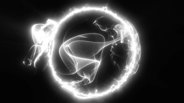 Glowing white holographic sphere made of swirling particle ribbons and bright fluid light trails in deep darkness