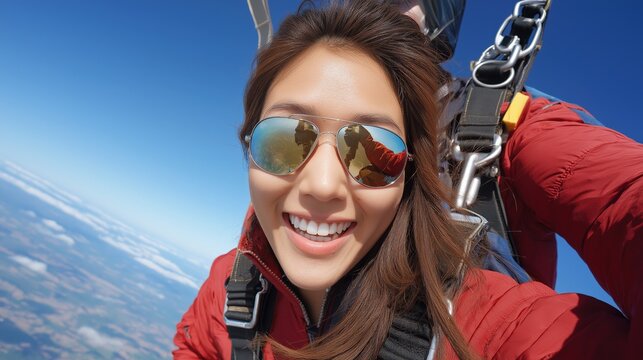 Asian young female skydiving tandem smiling adventure sunglasses outdoor skydive