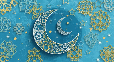 Islamic crescent moon and star patterns on blue background with gold accents