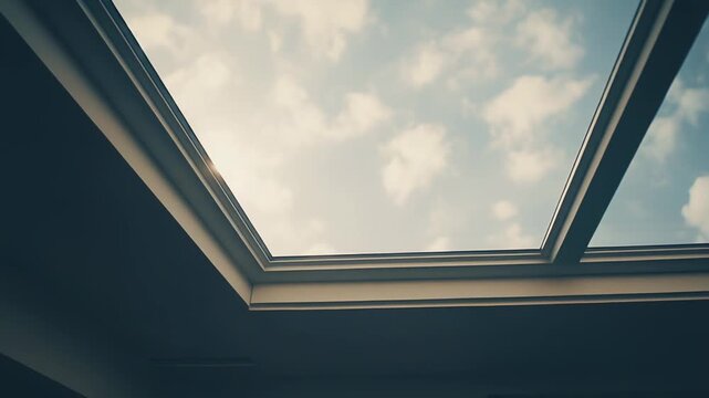 Modern architectural skylight framing a bright blue sky with fluffy white clouds, letting warm sun rays and natural light illuminate the interior space